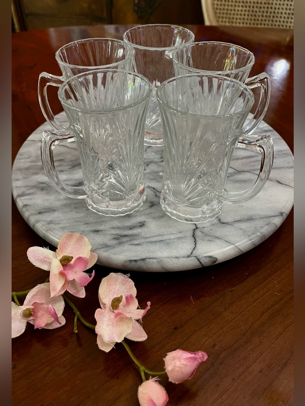 Elegant MCM Aderia Glass Japan Coffee Mugs 5-Set Clear Starburst Fan Cut Glass